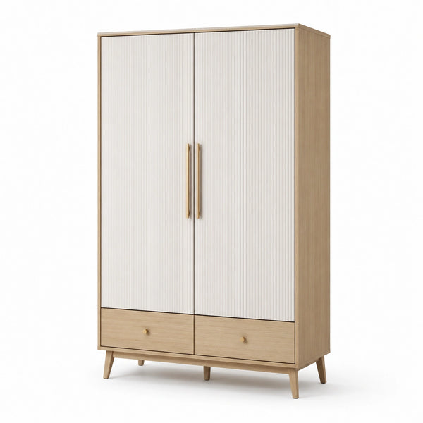 Armadio in legno rovere e bianco con 2 ante e cassetti