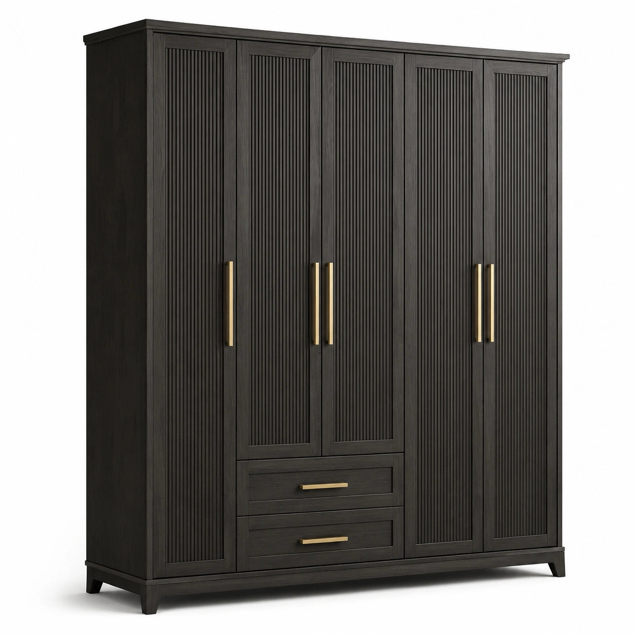 Armadio in Legno Massello con 5 Ante e Cassetti, Nero 200x180x55 cm