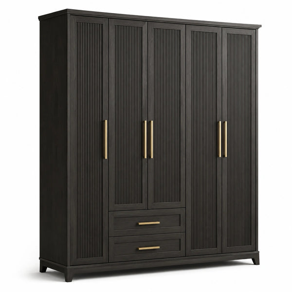 Armadio in Legno Massello con 5 Ante e Cassetti, Nero 200x180x55 cm