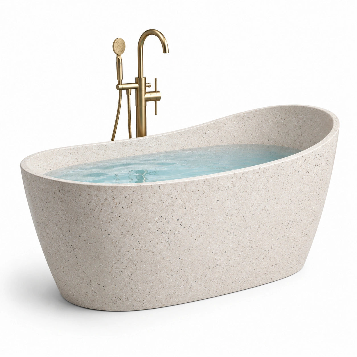 Vasca da bagno freestanding in pietra beige con rubinetteria oro 170x80x55 cm