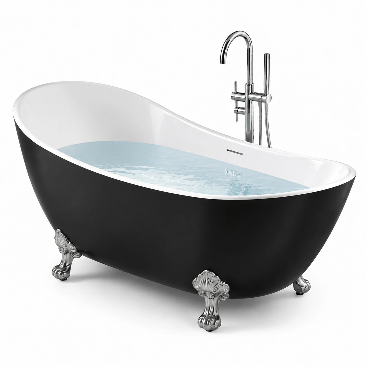 Vasca da bagno freestanding in acrilico nero e bianco con piedini in metallo
