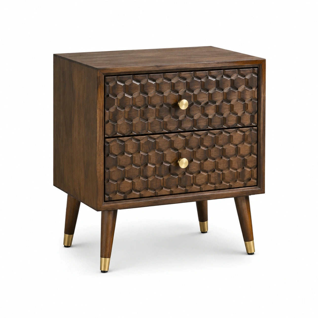 Comodino in legno massello con cassetti geometrici marroni