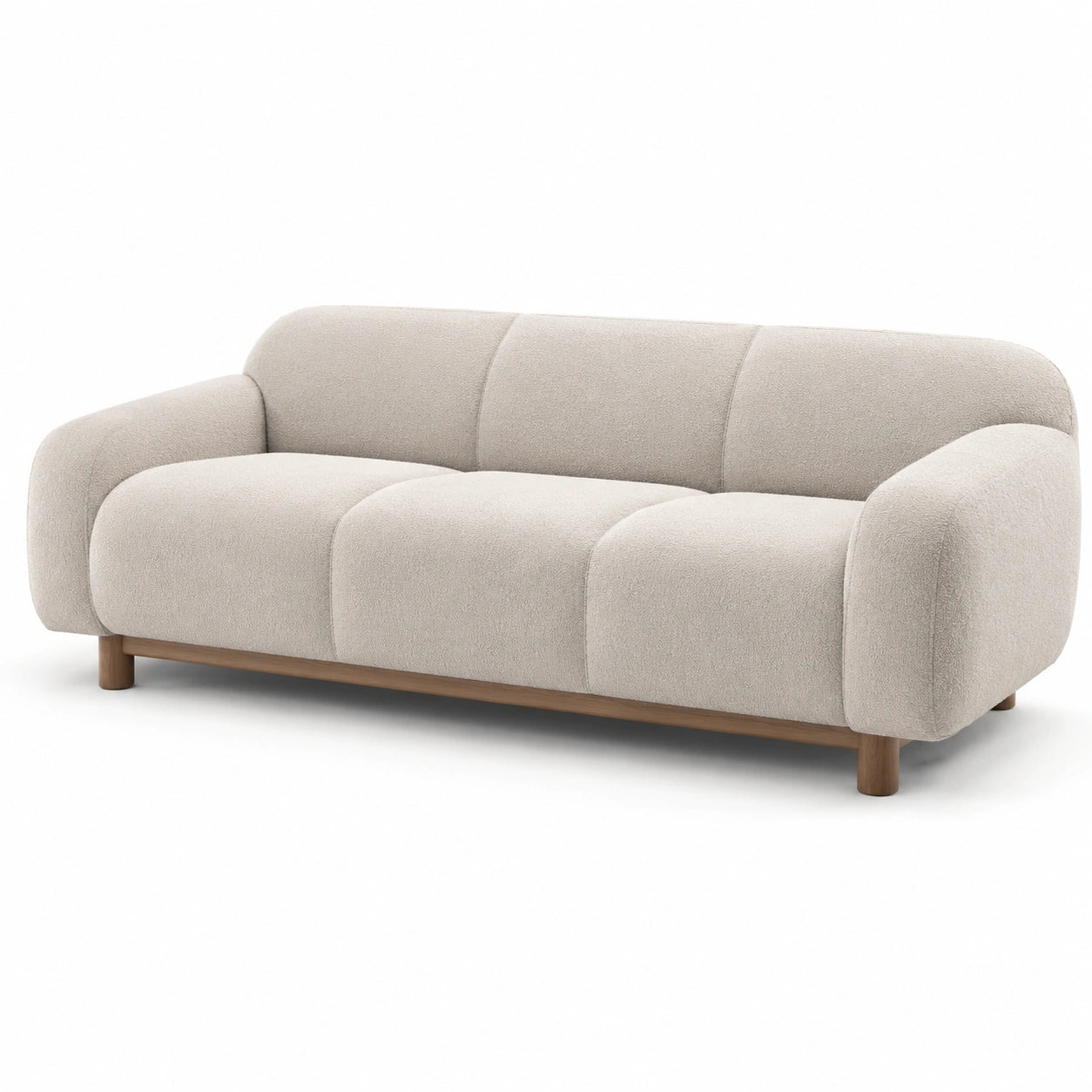 Divano in Tessuto Bouclé Beige con Struttura in Legno