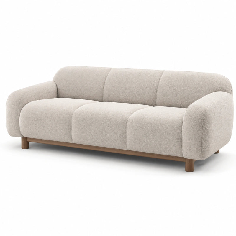 Divano in Tessuto Bouclé Beige con Struttura in Legno