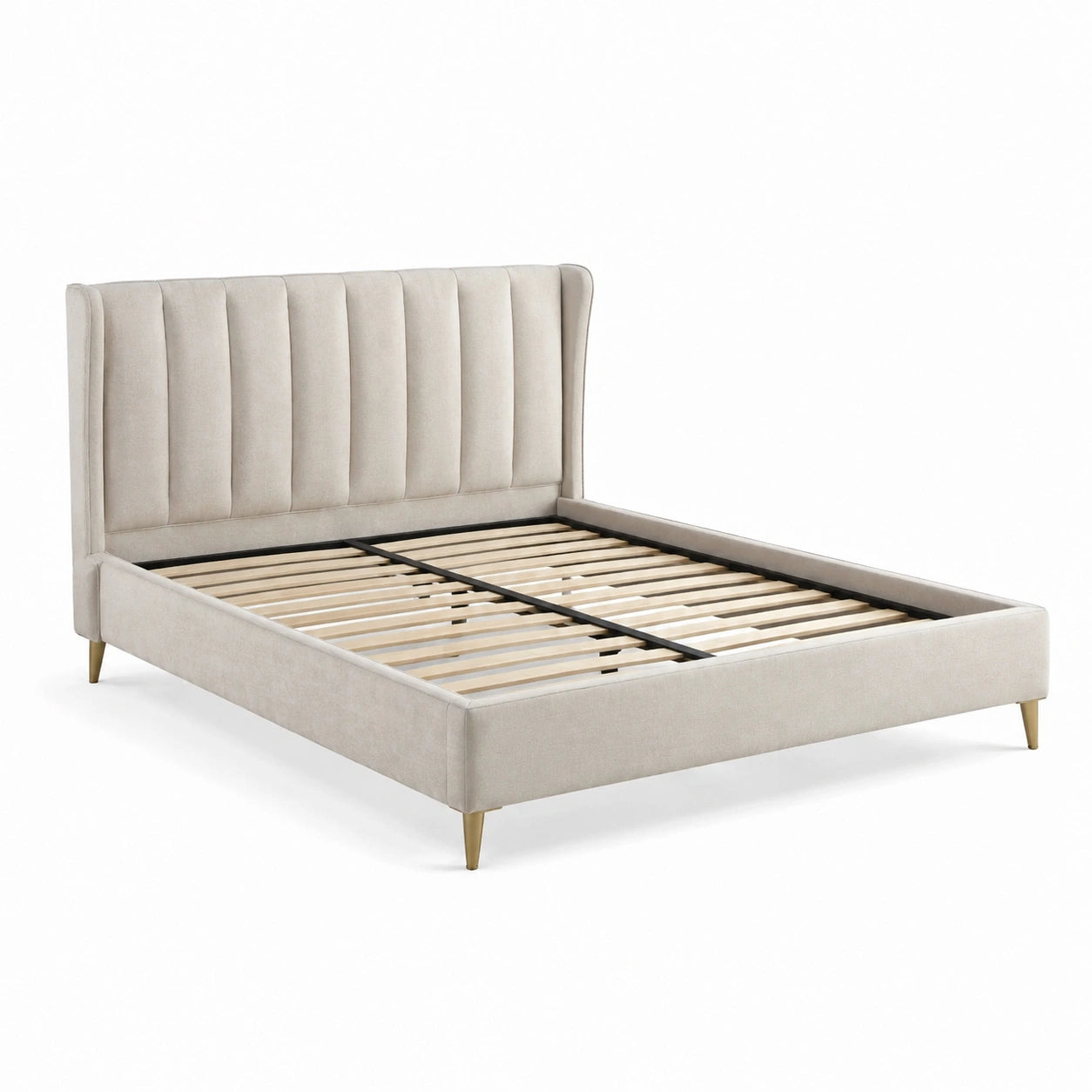 Letto matrimoniale in tessuto beige con piedini in metallo 200x160 cm