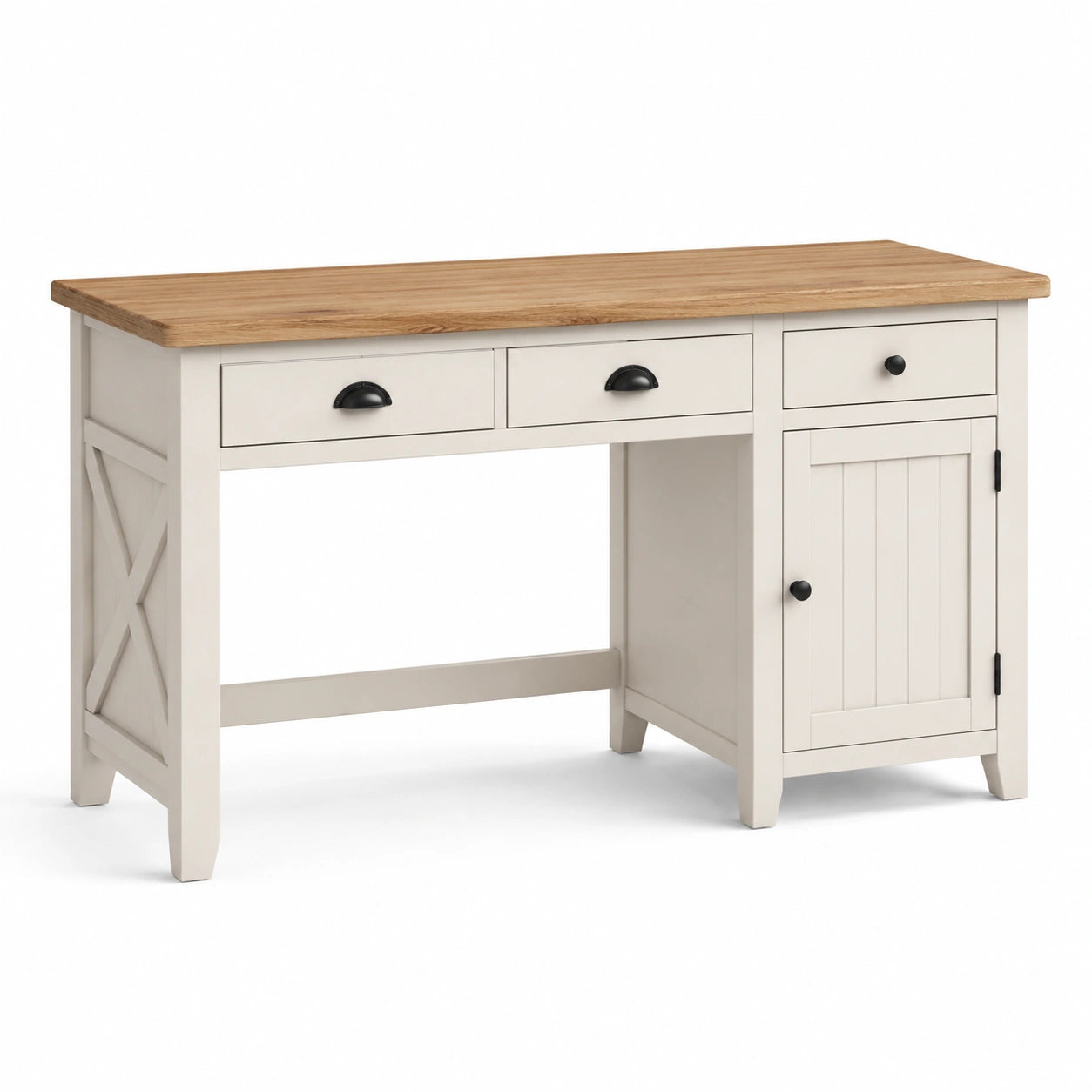 Scrivania in legno bianco con piano in rovere e cassetti