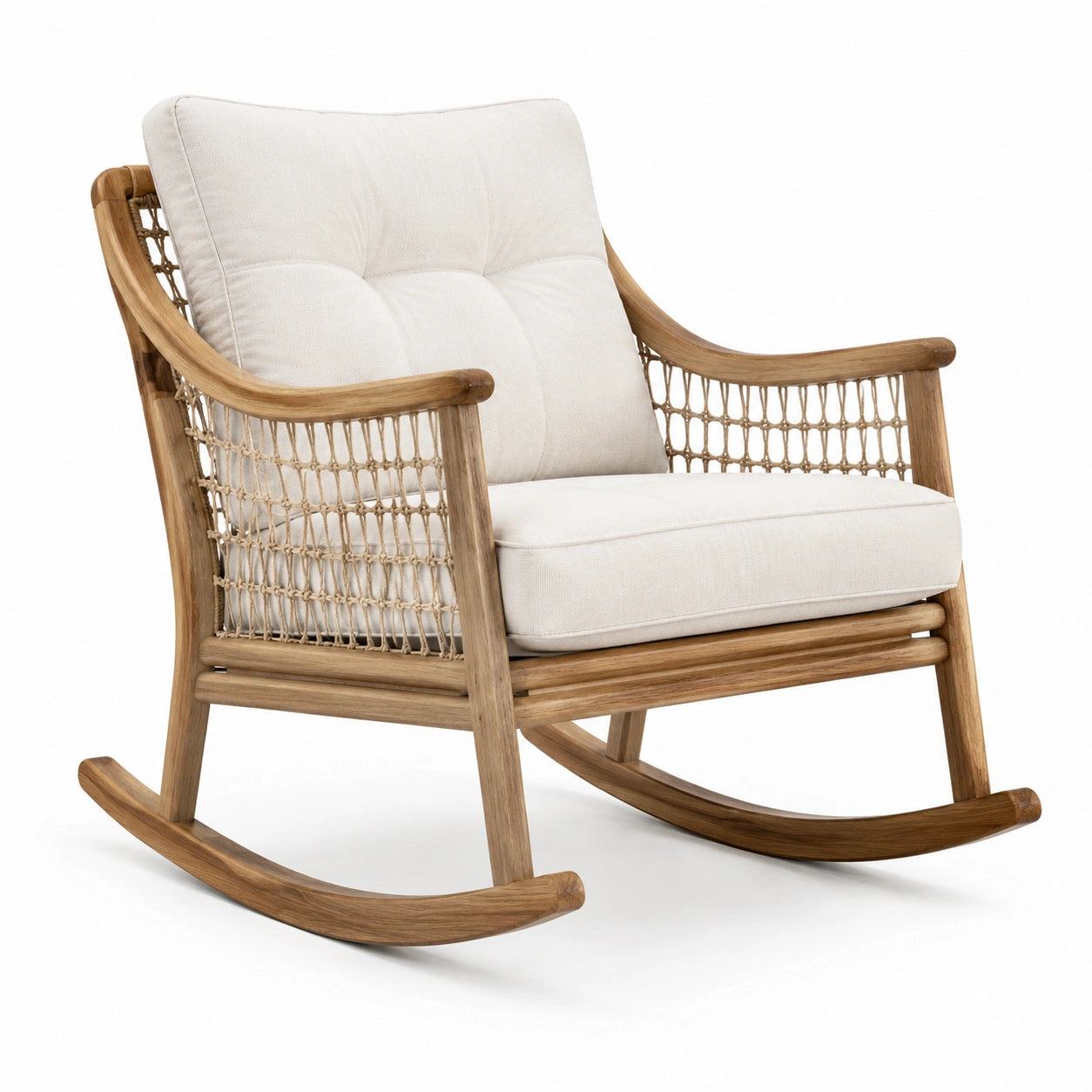 Sedia a dondolo in legno e rattan con cuscino in cotone bianco