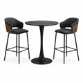Set da bar con tavolo in metallo nero e 2 sgabelli in tessuto e legno