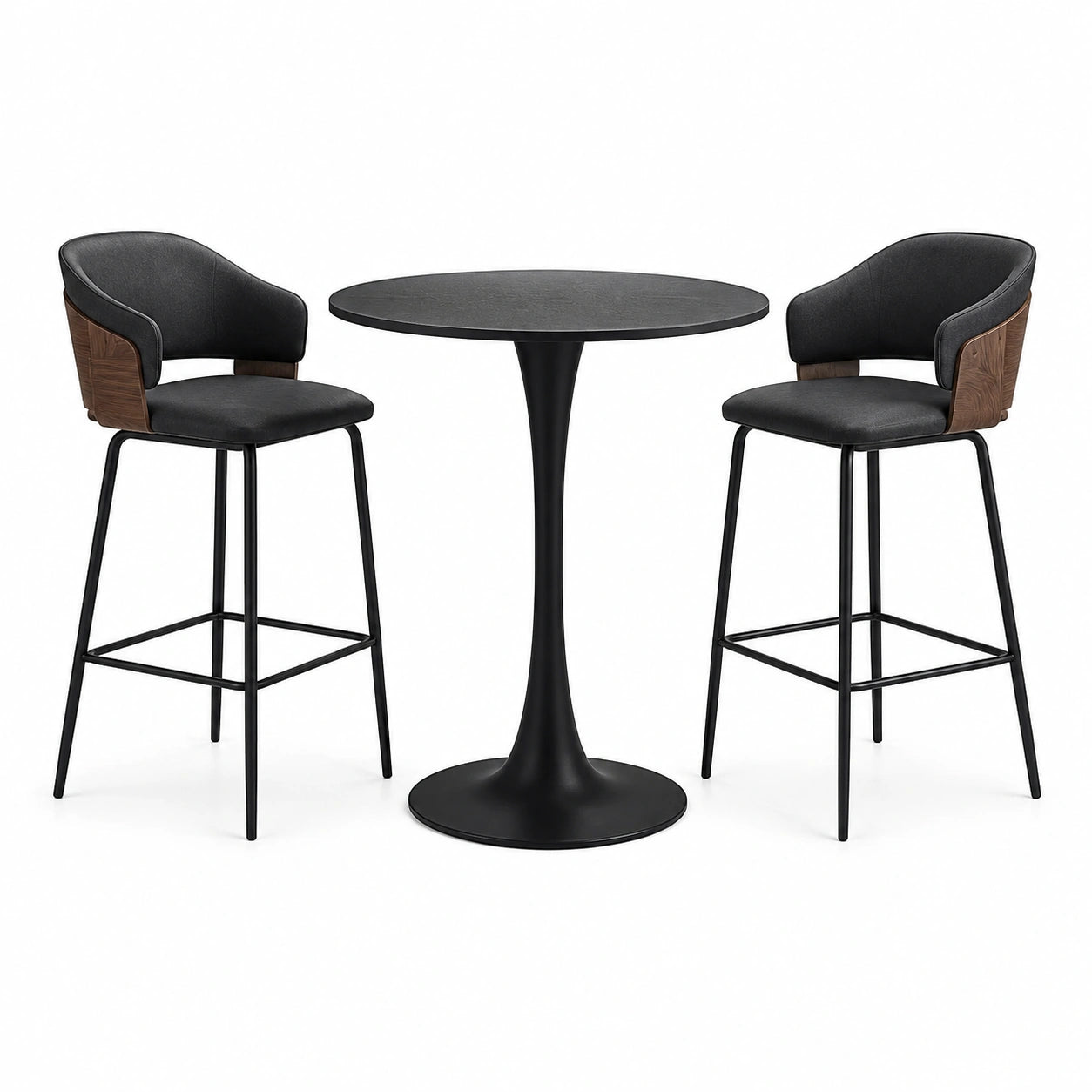 Set da bar con tavolo in metallo nero e 2 sgabelli in tessuto e legno