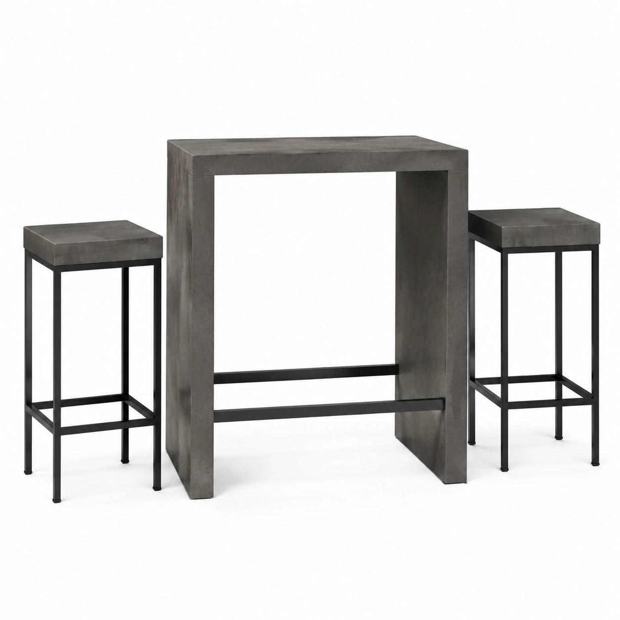 Set da bar con tavolo in cemento e sgabelli in metallo nero
